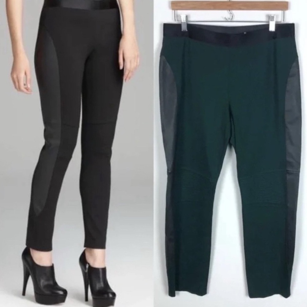 Elie Tahari Ashley lamb leather panel green elastic legging pants size L